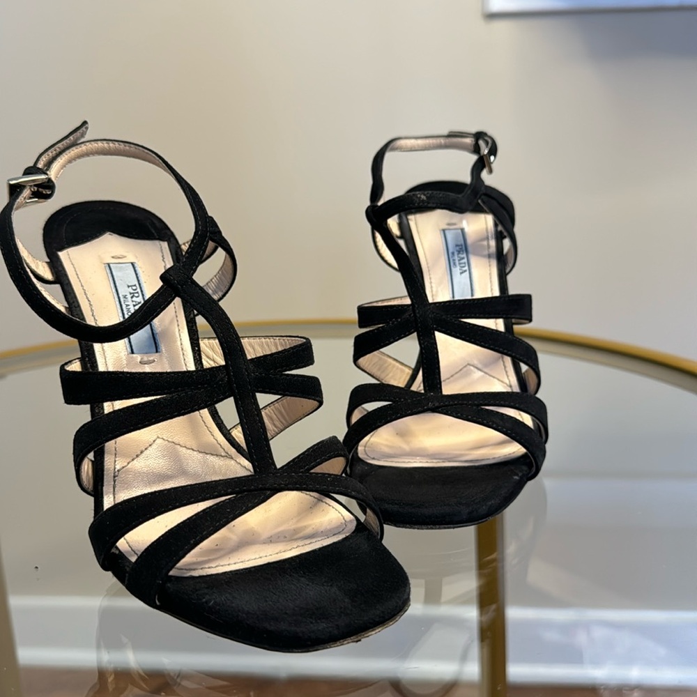 Prada sling back black suede heels